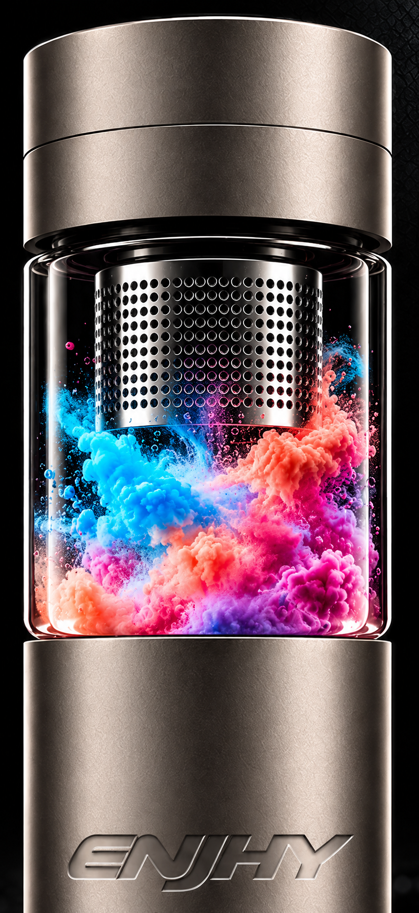 ENJHY bottle with multicoloured infusion blooming through its clear chamber