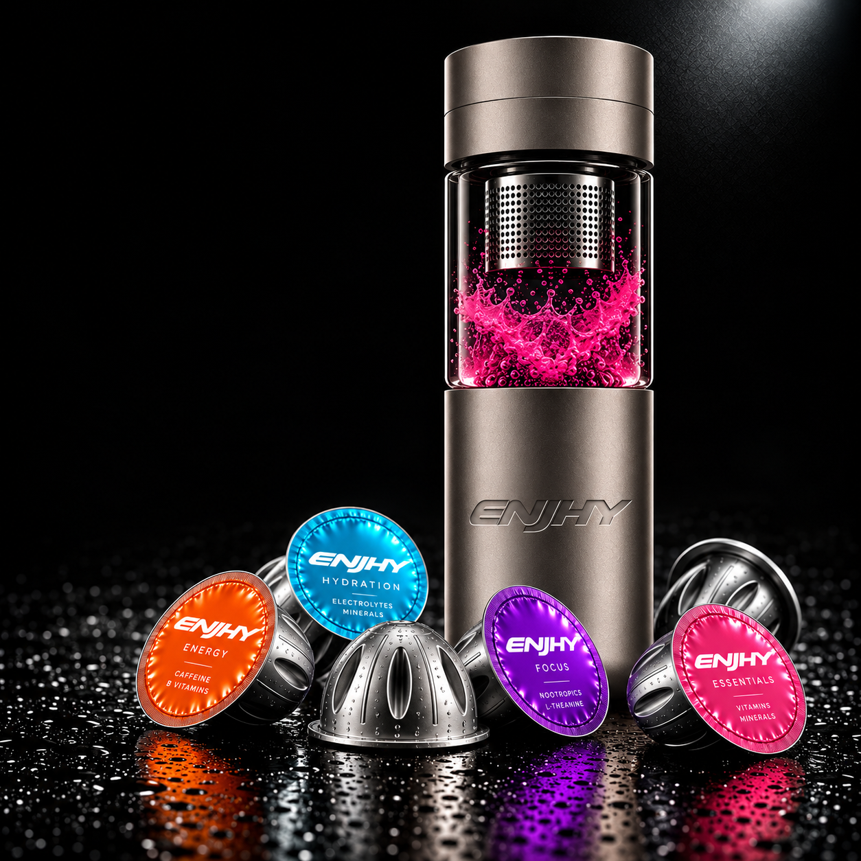 ENJHY bottle with pink bloom dispersing inside its clear chamber, aluminium pods with orange, aqua, purple and pink foil seals at its base