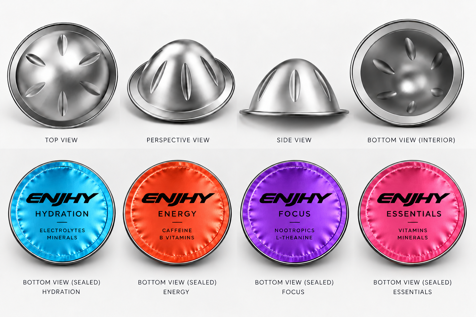 ENJHY aluminium capsule top, perspective, side and interior views, with Hydration, Energy, Focus and Essentials foil seals